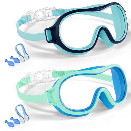 Kids Swim Goggles Anti-Fog UV Wide Vision Waterproof No Leak - Blue Green & Cyan Blue