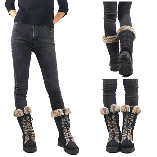 Women's Black Winter Snow Boots with Fur Cuff - Waterproof Mid-Calf Lace-Ups - Variation: Brown Fur
