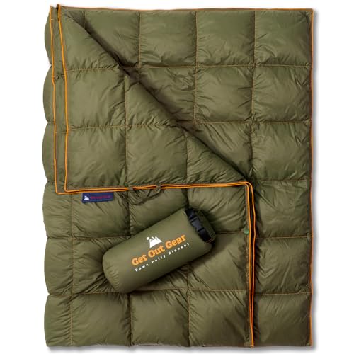 Down Camping Blanket - 1 Person, Packable, Water-Resistant, Olive/Orange - 650 Fill Power