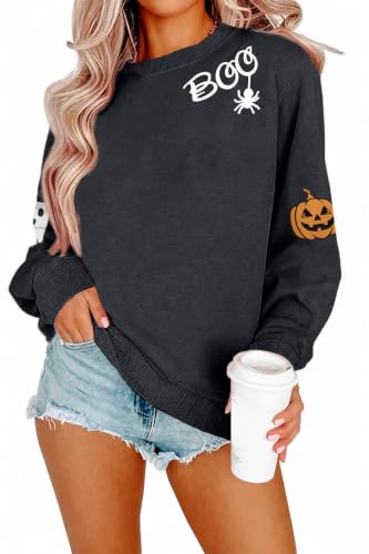 HEBBE Halloween Ghost Sweatshirt Women Spooky Season Pullover Large Dark Grey