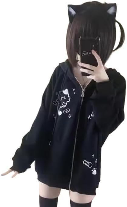 Y2K Zip-Up Cat Ear Oversized Hoodie - Medium Black, Trendy Animal Hoodie