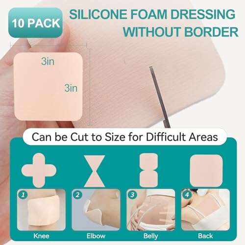 Dimora Silicone Foam Dressing 3x3 Inch Pack of 10 - Absorbent Waterproof Wound Bandages - Cuttable & Gentle Adhesive