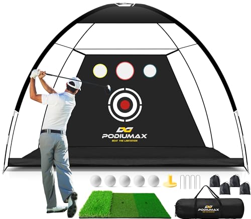 PodiuMax 10x7FT Golf Practice Net with Target and Real Balls for Backyard Swing Training