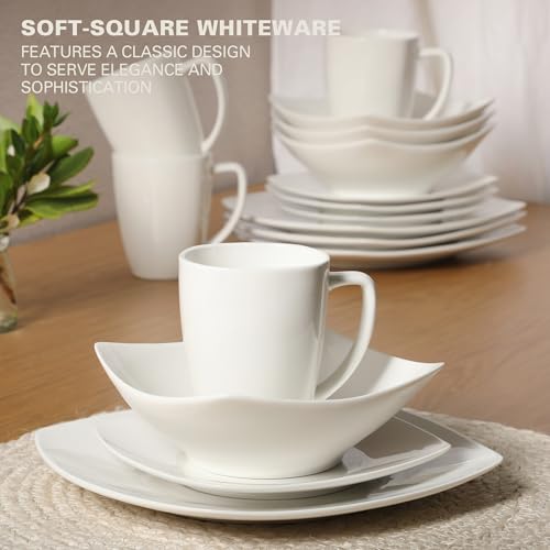 Gibson Home Zen Buffet White Porcelain Dinnerware Set for 4 - 16 Pieces, Square Plates Bowls & Mugs, Chip & Scratch Resistant, Dishwasher & Microwave Safe