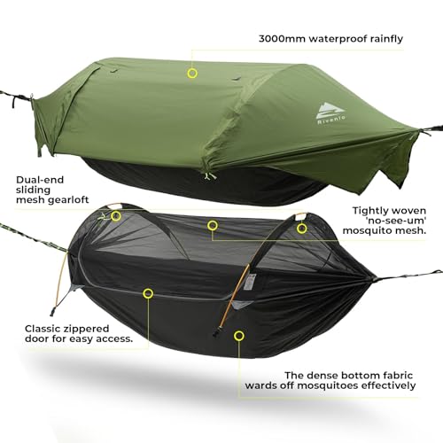 Rivenlo Camping Hammock Tent with Mosquito Net & Rainfly - Dark Green, 3-in-1 Waterproof Portable Sleep System