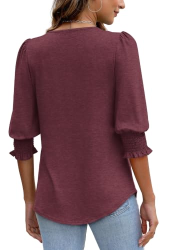 Women’s Dressy Casual Blouses with Smocked Cuffs - Burgundy, Large, 3/4 Sleeve Top