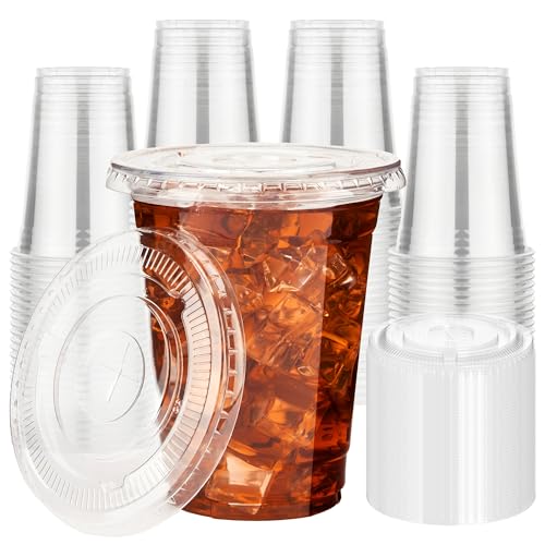 16 oz Disposable Iced Coffee Cups with Lids - Pack of 100 Clear Plastic Drink Cups