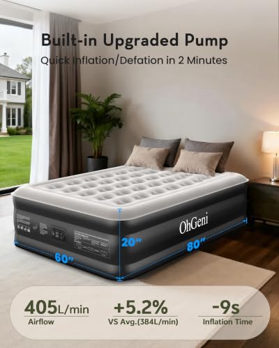OhGeni 20-Inch Raised Queen Air Mattress with Built-In Pump, Black, 10-Year Support