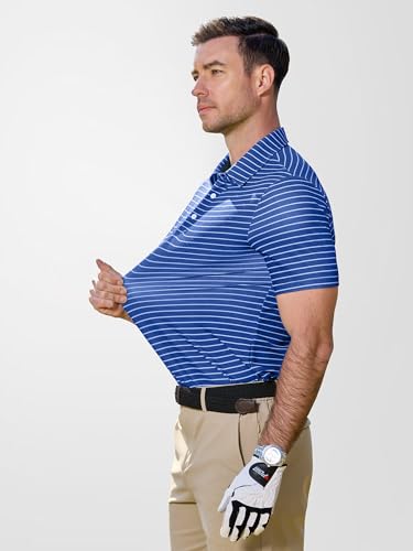 Men's Golf Polo Shirt Dry Fit Short Sleeve Slim Fit Moisture Wicking Casual Collared D Blue Stripes X-Large