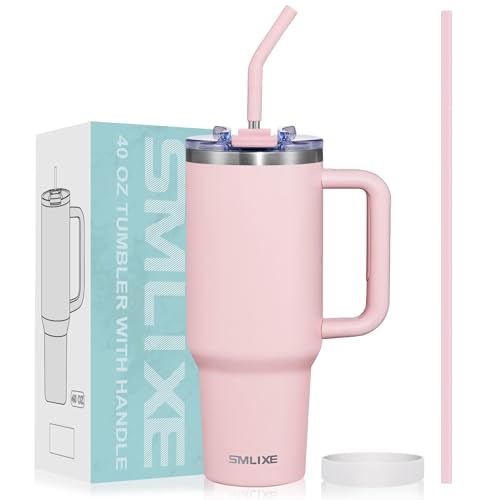 Pink 40 oz Insulated Stainless Steel Travel Mug with Handle & Straw Lid