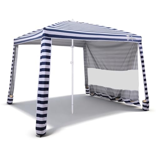 Jihfmo 8x8 Ft Large Beach Cabana Tent with UPF 50+ UV Protection, Blue Stripes, Fits 6-8 People