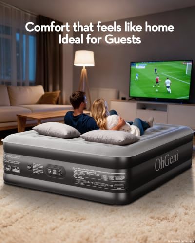 OhGeni 20-Inch Raised Queen Air Mattress with Built-In Pump, Black, 10-Year Support