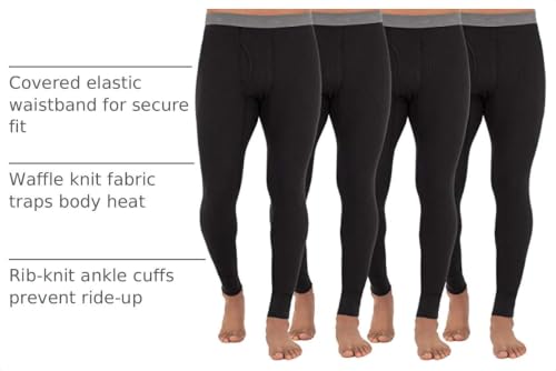Men's Thermal Long Johns Bottoms Black 4 Pack Large - Waffle Knit