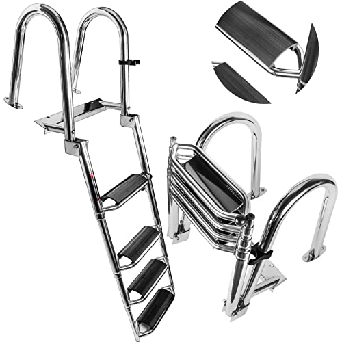 Heavy Duty Telescoping Boat Ladder with Wide Steps & Hand Railings - 4 Step Dock Ladder for Watercraft