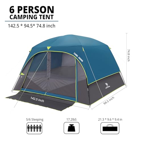 Camel Crown Ink-Blue 6-Person Waterproof Camping Tent - Easy Setup Backpacking Shelter
