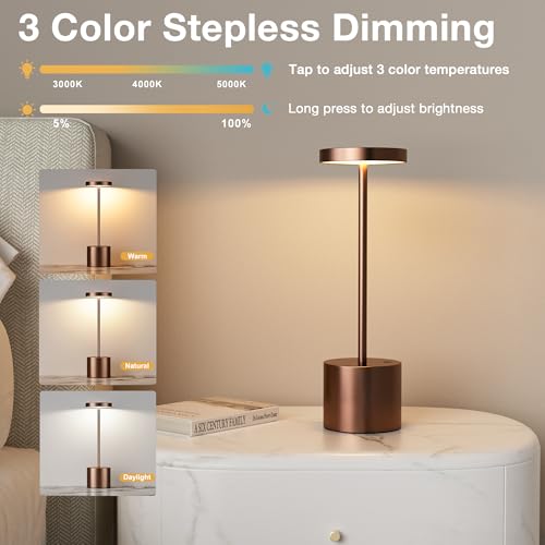 Kakanuo Brown Cordless LED Lamp Set 2 Pack, Rechargeable Touch Dimmable Table Lamps with 3 Color Temp