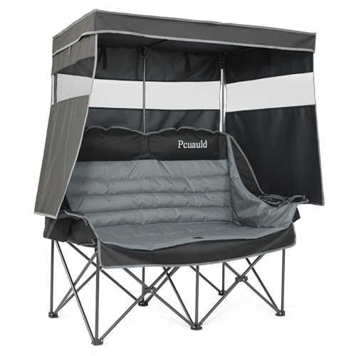 Grey Double Camping Chair with Canopy - Heavy Duty 2 Person Folding Loveseat with Shade & Cup Holders