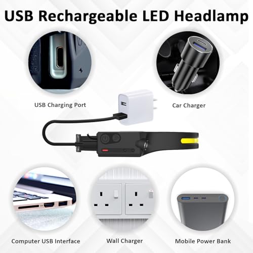 Rechargeable LED Headlamp with Motion Sensor - 3 Pack Black Ultra Bright Head Light