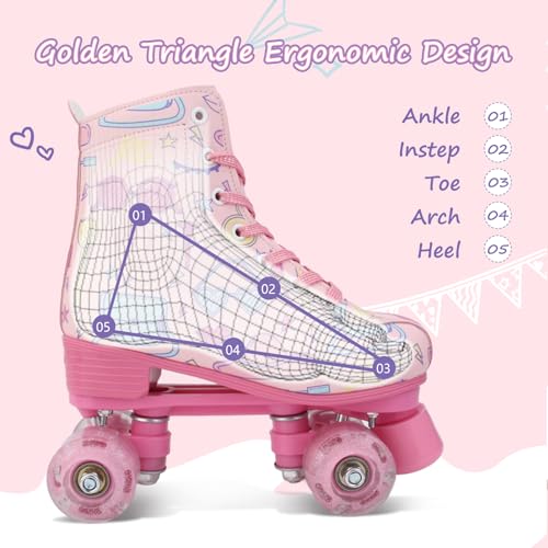 Pink Kids & Women Roller Skates with Light Up Wheels - Size 33 Youth 2