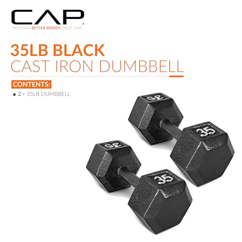 Black 35 lb Pair Cast Iron Hex Dumbbells - Hand & Free Weights for Strength Training