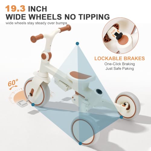 AOPEC 7-in-1 Foldable Toddler Tricycle Beige, Growth-Oriented Kids Bike 18 Months to 5 Years