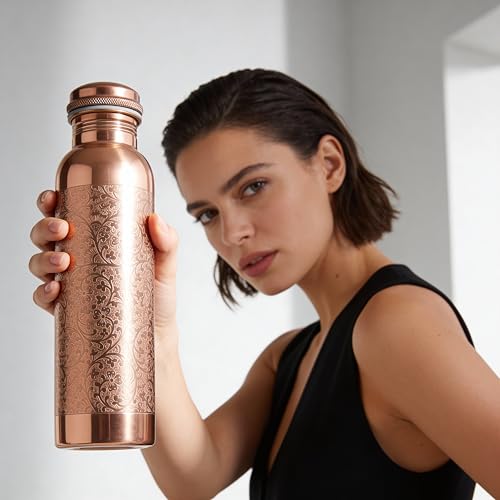 Natural Copper Water Bottle Pack of 2 - 1000ml Pure Copper Hydration Bottle for Yoga, Sports, and Travel