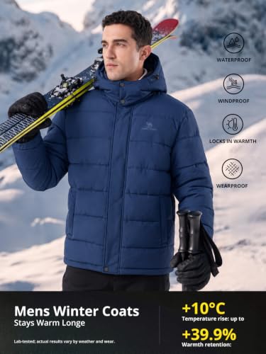 Men's Winter Coat with Detachable Hood - Water-Resistant & Windproof, Blue, Large