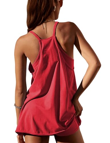 Women’s Red Medium Athletic Romper Dress with Built-in Shorts - Summer Tennis Mini Dress