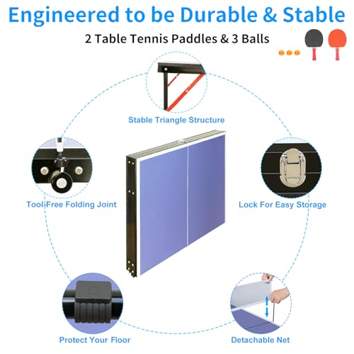 Blue 54x30 Inch Foldable Mini Ping Pong Table - 4.5FT Indoor/Outdoor Game Set