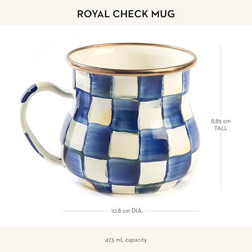 MACKENZIE-CHILDS Enamel Mug 16oz Royal Check Blue & White Hand-Painted Coffee Cup