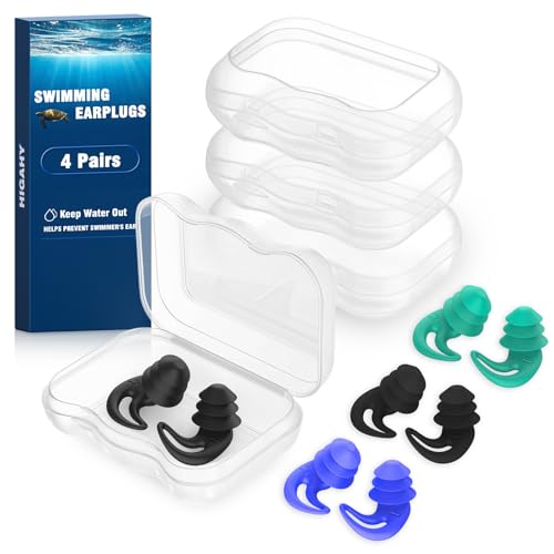 Swimming Ear Plugs for Adults & Kids 4 Pairs Silicone Water Protection - Black & Green Blue Variations