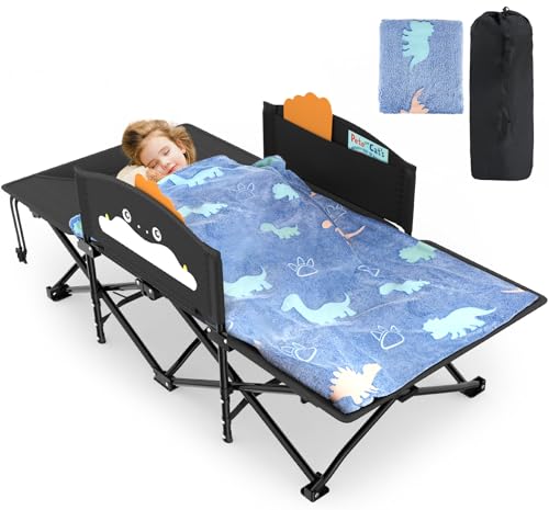 Slendor Black Toddler Folding Travel Cot with Cartoon Handrail & Glow Blanket