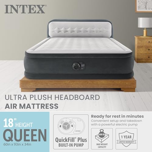 Intex Dura-Beam 18-Inch Queen Air Mattress with Built-In Electric Pump & Headboard - Model 64447ED