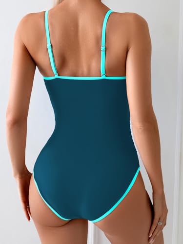 Women's One Piece Swimsuit Tummy Control Slimming Bathing Suit - Peacock Green & Blue, Medium