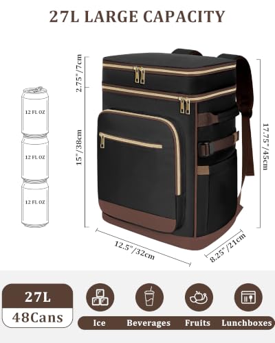 Leak Proof Insulated Backpack Cooler 48 Cans Waterproof Black