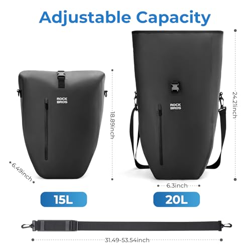 Waterproof Bike Panniers 20L Roll-Top Quick-Release 3-in-1 Bag - Black x2