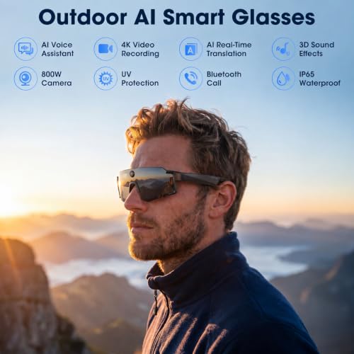 Black AI Smart Glasses with 4K POV Camera, Hands-Free Video Recording