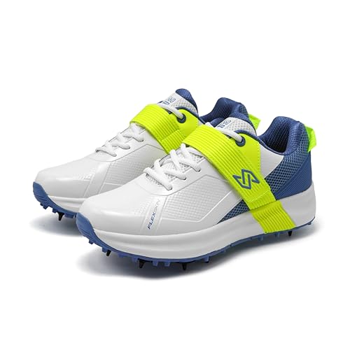 SOLM8 S60Pro Cricket Shoes Blue Lime - Men's Replaceable Metal Spikes, FlexSkin Upper, Secure Strap, Ultralight Cushioning