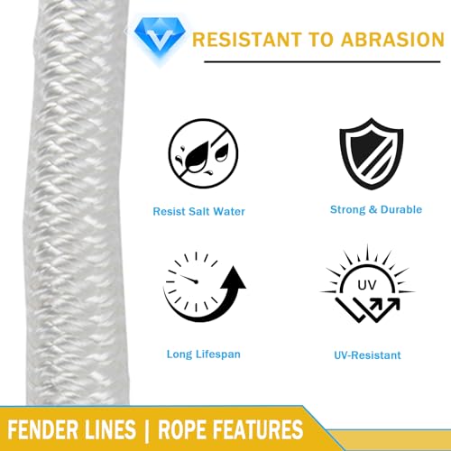 Marine Nylon Fender Lines 3/8" x 6' - White Boat Docking Ropes, Reinforced Eye Loop