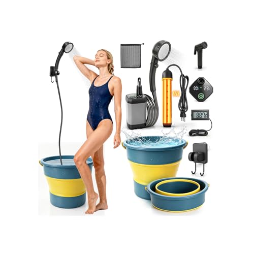 Portable Camping Shower with Heater - Blue-Yellow, 3 Spray Modes, 5 Gal Foldable Bucket