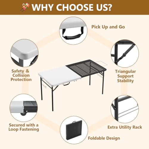 White & Black 5FT Folding Camping BBQ Table with Dual Surfaces & Carry Handle