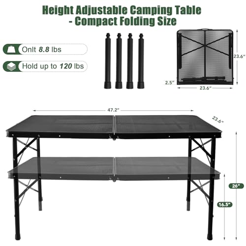 4Ft Large Metal Folding Camping Table - Adjustable, Lightweight Outdoor Grill & Picnic Table (UNIFER)