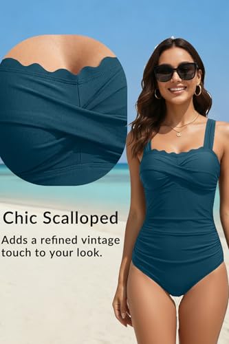 Large Teal Tummy Control One Piece Swimsuit with Scalloped Vintage Design for Women