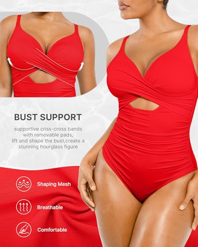 SHAPELLX Large Red Tummy Control One-Piece Swimsuit Women V-Neck Ruched Push-Up Slimming Bathing Suit with Built-in Bra