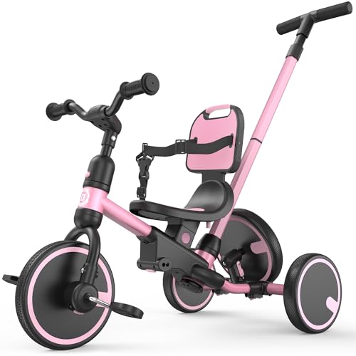 Besrey Pink Toddler Tricycle with Push Handle & 5-in-1 Growth Modes