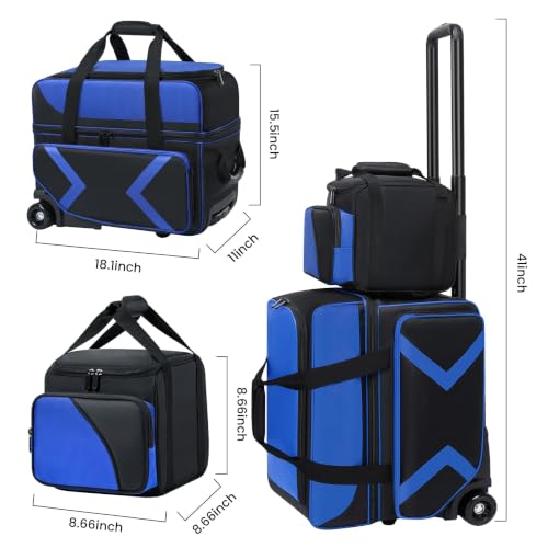 Blue 2+1 Ball Bowling Roller Bag with Wheels & Shoe Compartment - Fits Men & Women