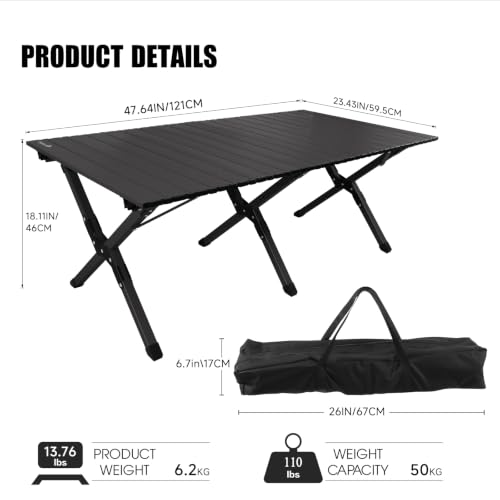 Black Folding Camping Table - Lightweight Aluminum Portable Picnic & Outdoor Table