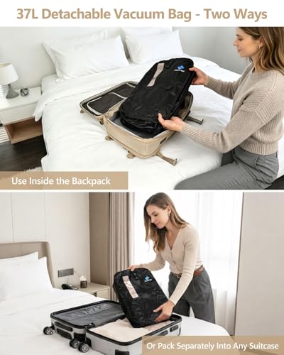 Beige 40-60L Vacuum Travel Backpack with Removable Hip Belt & Pump - Zurligi 60L Expandable Carry-On