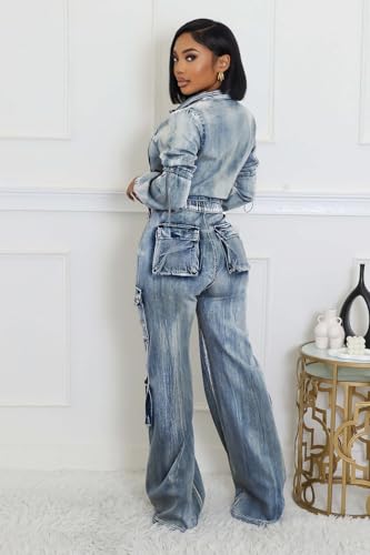 Molilove Women's Blue Cropped Denim Two-Piece Set X-Large