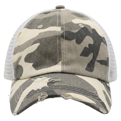 Grey Camo Fabric Women's Ponytail Messy Bun Hat - Unconstructed Distressed Baseball Cap - Variation 0002